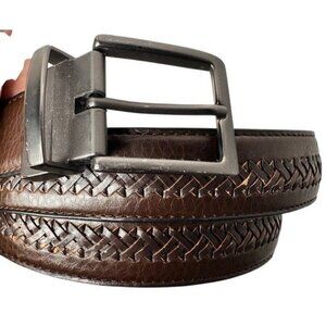 Brown Faux Leather Braided Belt Mens Size 48 Silver Buckle Retro 70s 90s